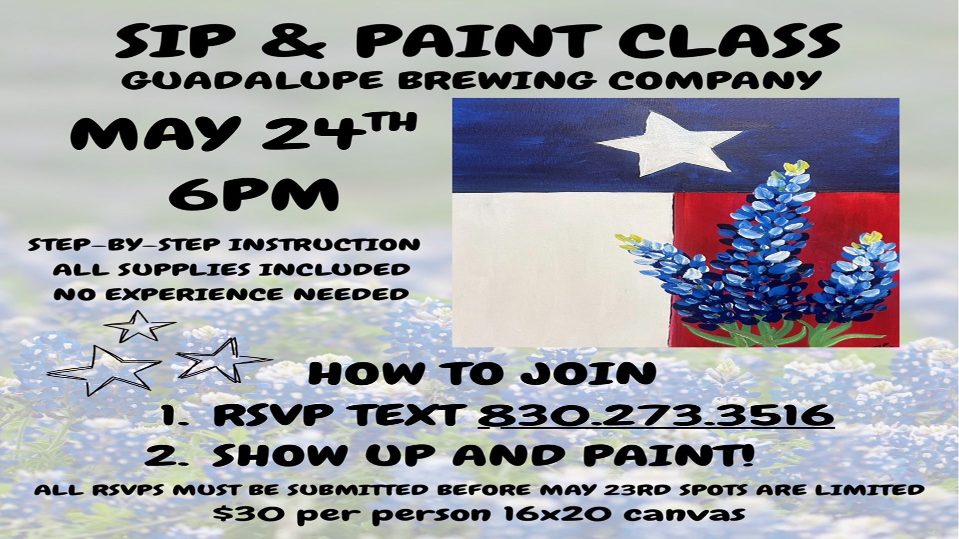 Red, White & Bluebonnets Sip & Paint Class at Guadalupe Brewing Company & Pizza Kitchen