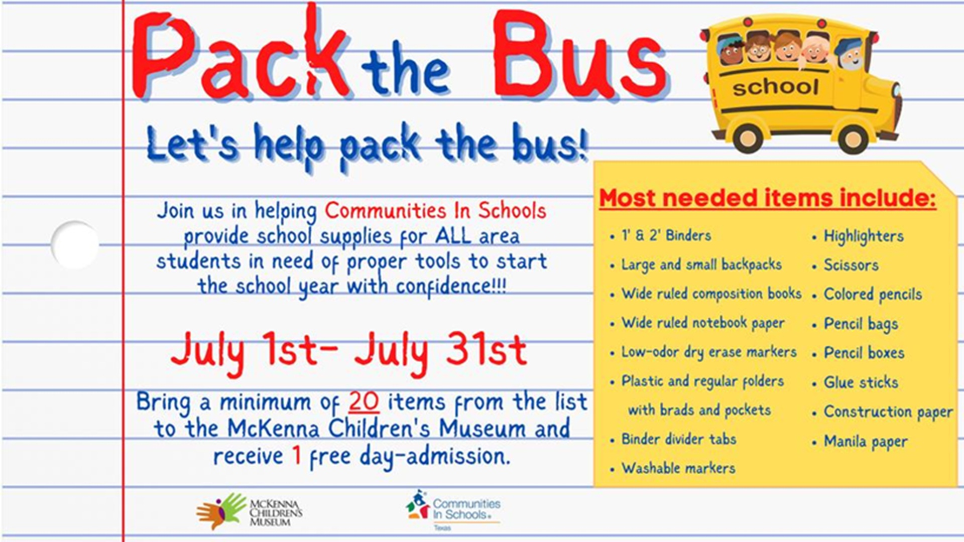 Pack the Bus!!! at McKenna Children’s Museum