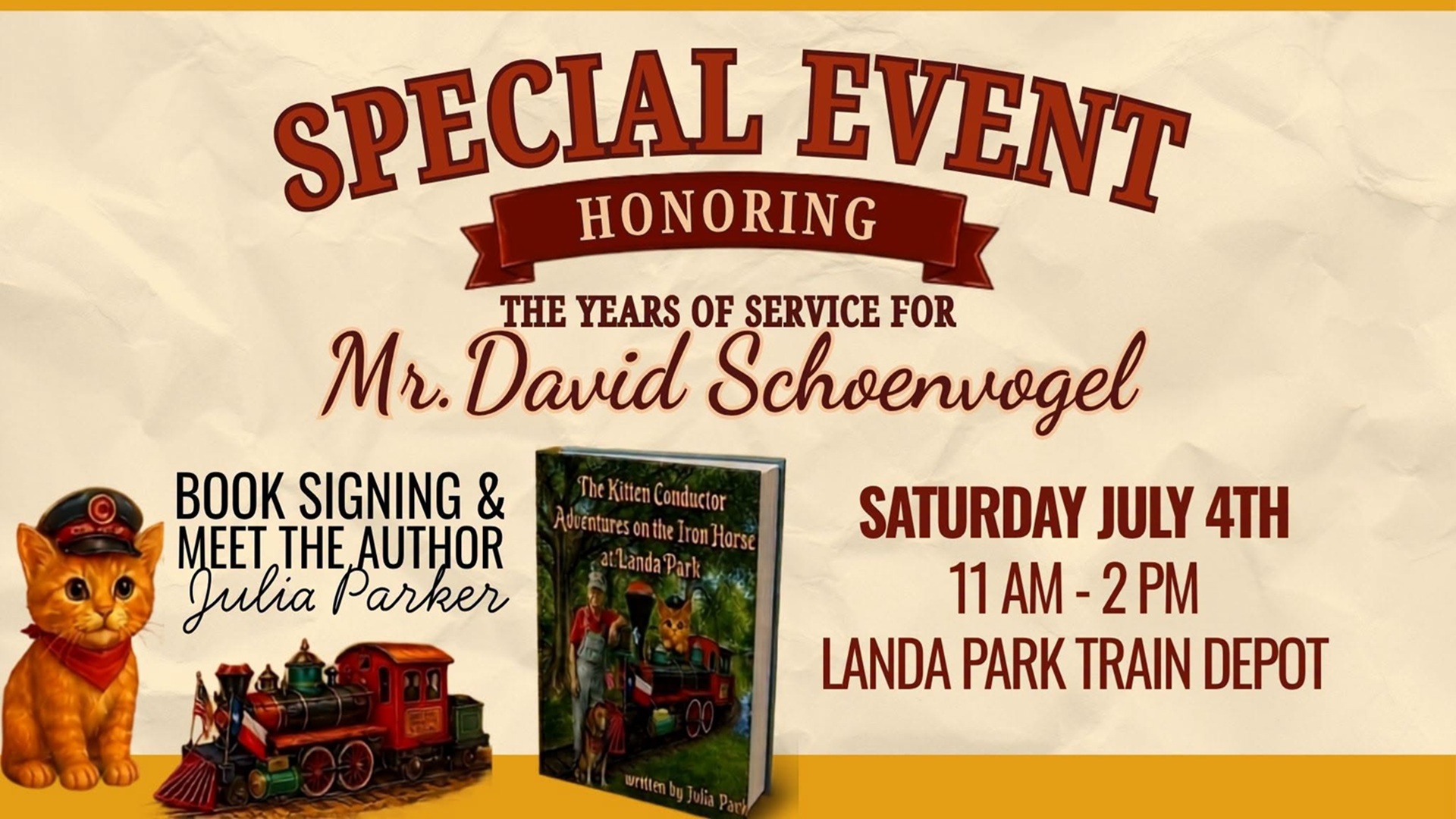 Special Event Honoring Mr. Schoenvogel and Book Signing at Landa Park Train Depot