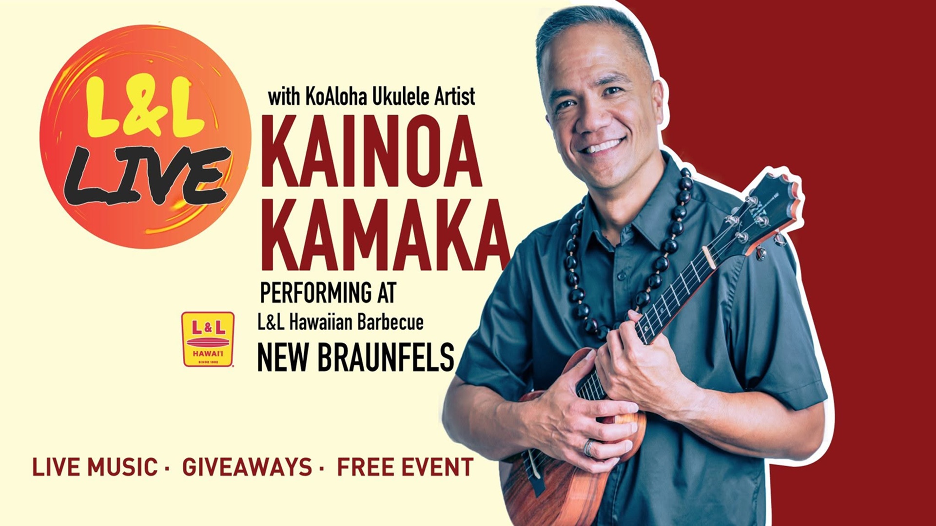 KoAloha Ukulele Artist Kainoa Kamaka at L&L Hawaiian Barbecue – New Braunfels