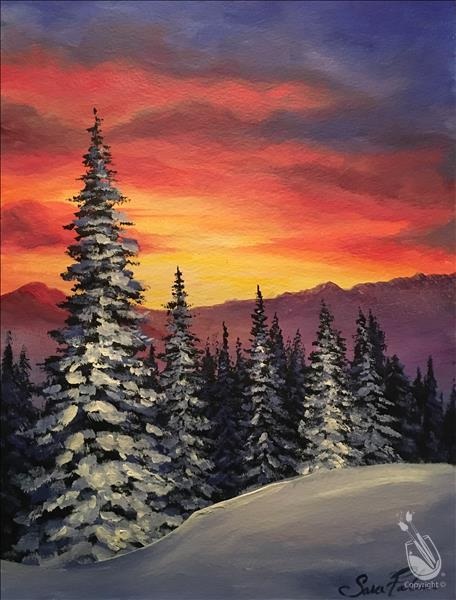 Sunset over Snowy Pines at Painting With A Twist